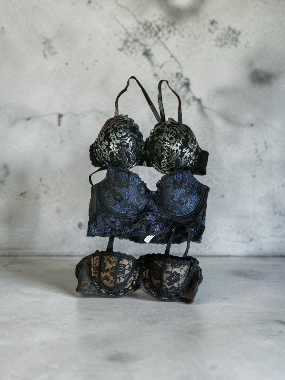 Adore Me Black and Navy Lace Push-Up Bra Set